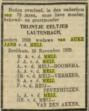 Familiebericht Leeuwarder courant 14-11-1929