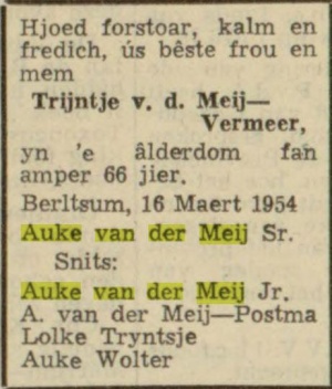 Familiebericht Leeuwarder courant, 17-03-1954