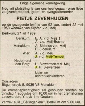 Familiebericht Leeuwarder courant, 28-07-1989