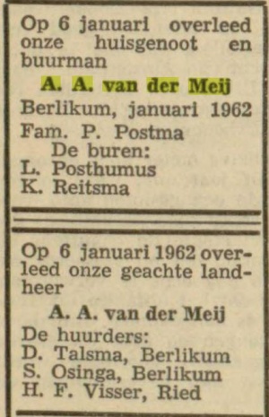 Familiebericht Leeuwarder courant, 09-01-1962